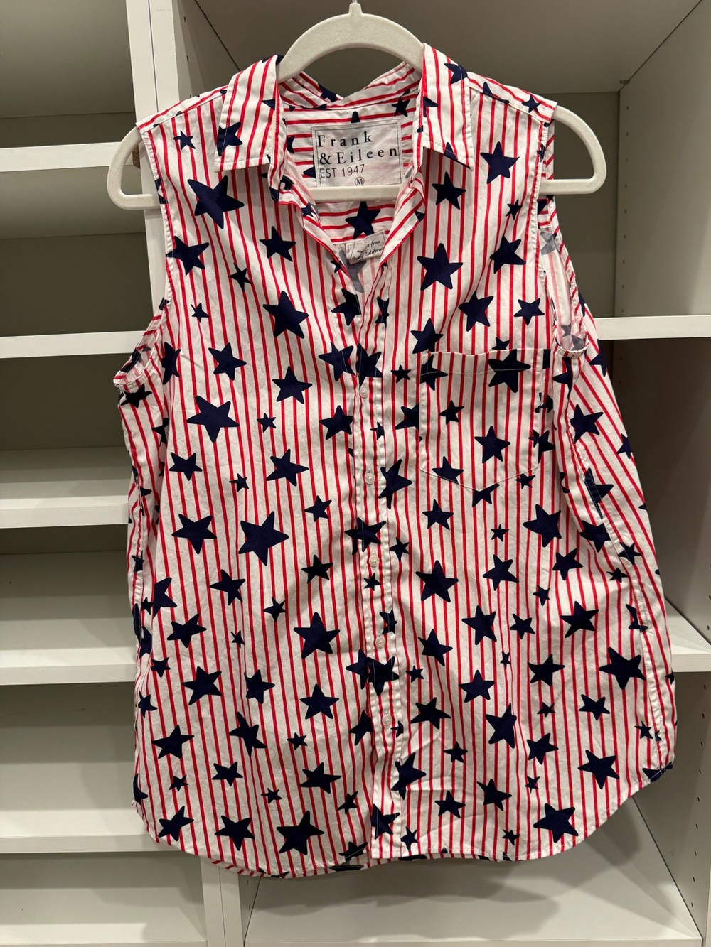 Frank & Eileen Finley Sleeveless Button-Up Red Stripe & Navy Star Shirt, Size M